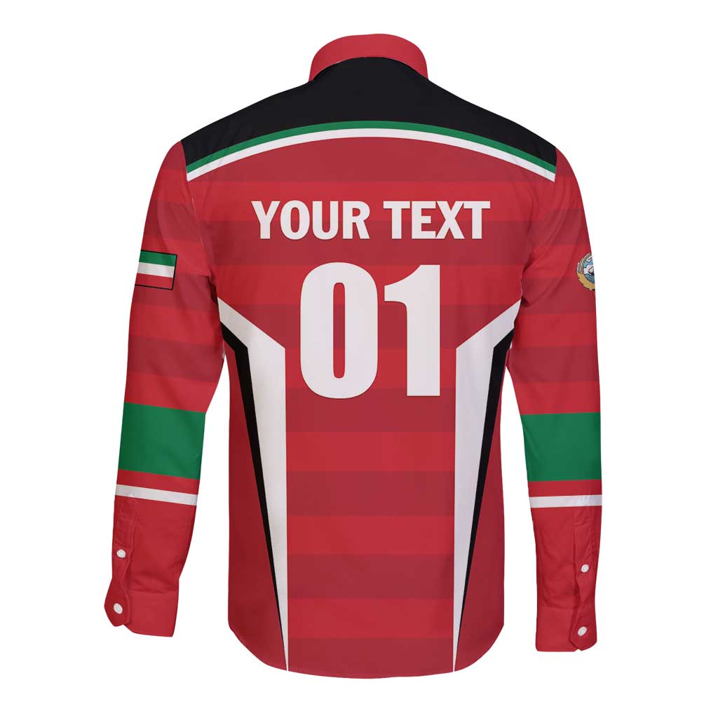 Red long-sleeve cricket shirt, back text "YOUR TEXT" with number "01" and striped trim