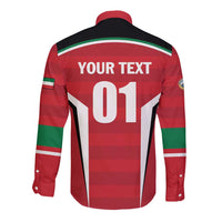 Red long-sleeve cricket shirt, back text "YOUR TEXT" with number "01" and striped trim