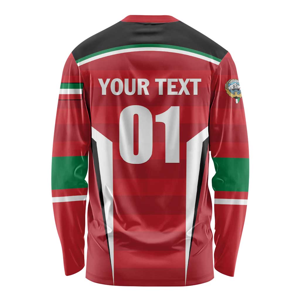 Red long-sleeve cricket shirt back with 'YOUR TEXT' and '01' number, green striped shoulders