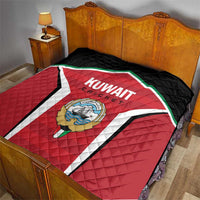 Kuwait cricket quilt on bed, red panel with Kuwait Cricket text and crest, black backing