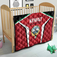 Kuwait cricket quilt on toddler bed, red-and-black front with Kuwait Cricket logo and crest