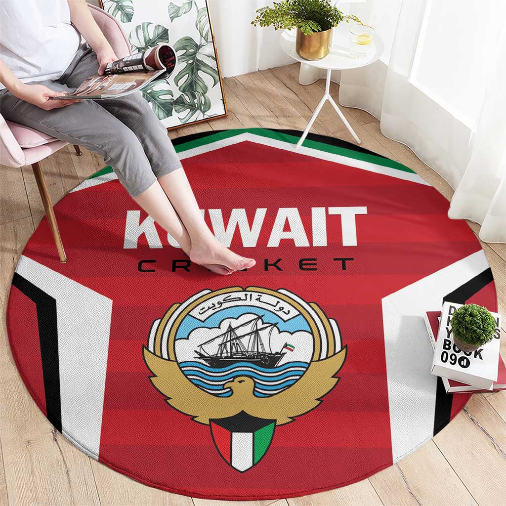 Red round KUWAIT CRICKET logo rug with crest emblem on the floor