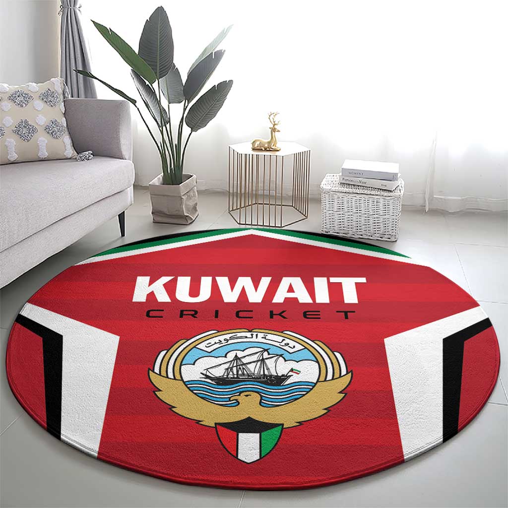 Red round KUWAIT CRICKET logo rug with emblem, centered in living room