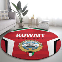 Red round KUWAIT CRICKET logo rug with emblem, centered in living room