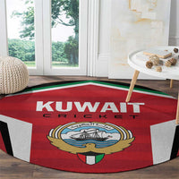 Red round KUWAIT CRICKET logo rug with crest emblem on hardwood floor