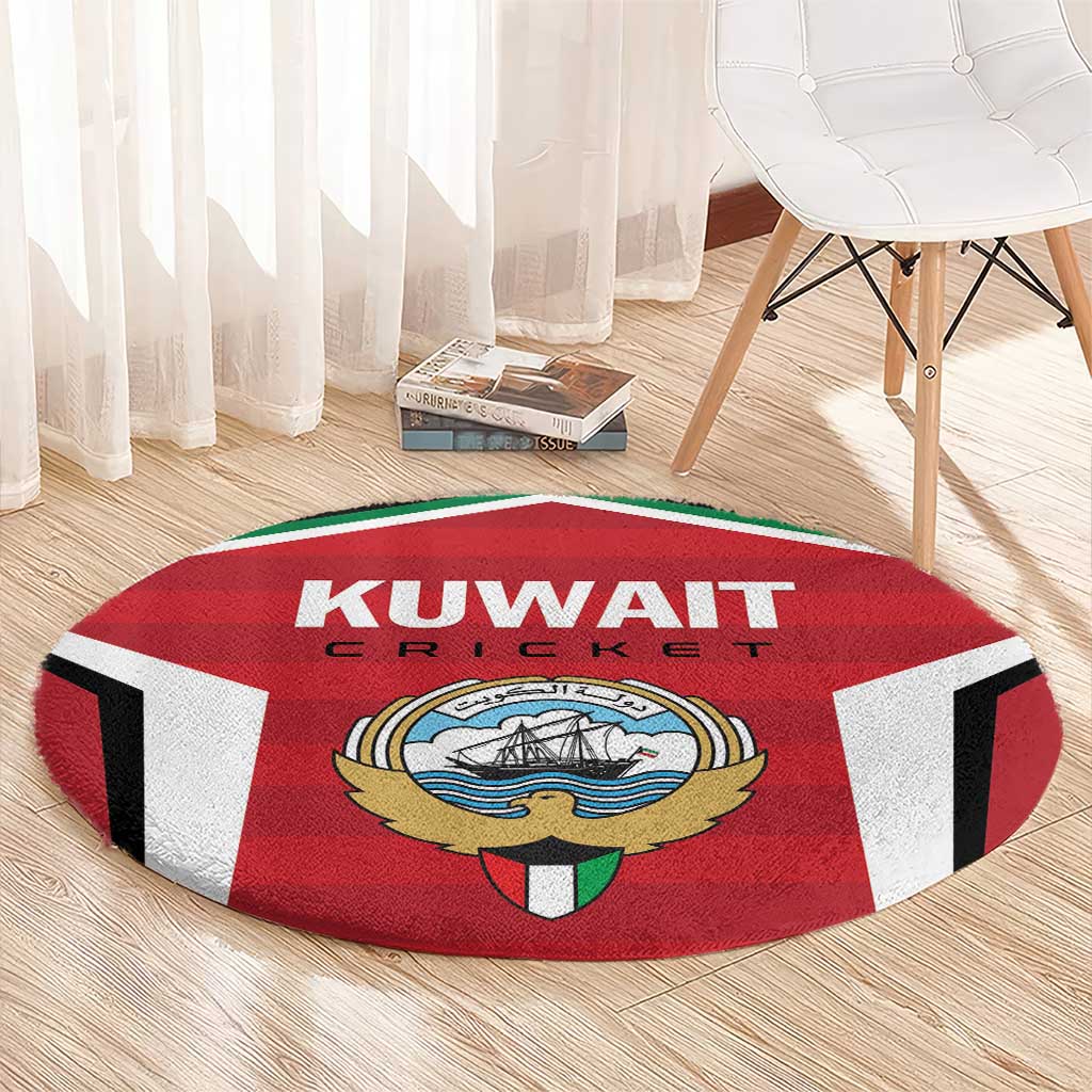 Red round KUWAIT CRICKET logo rug with crest emblem on wooden floor