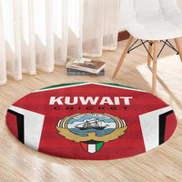 Red round KUWAIT CRICKET logo rug with crest emblem on wooden floor