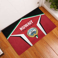 Red and black rectangular rubber doormat with Kuwait Cricket logo, green-trim border