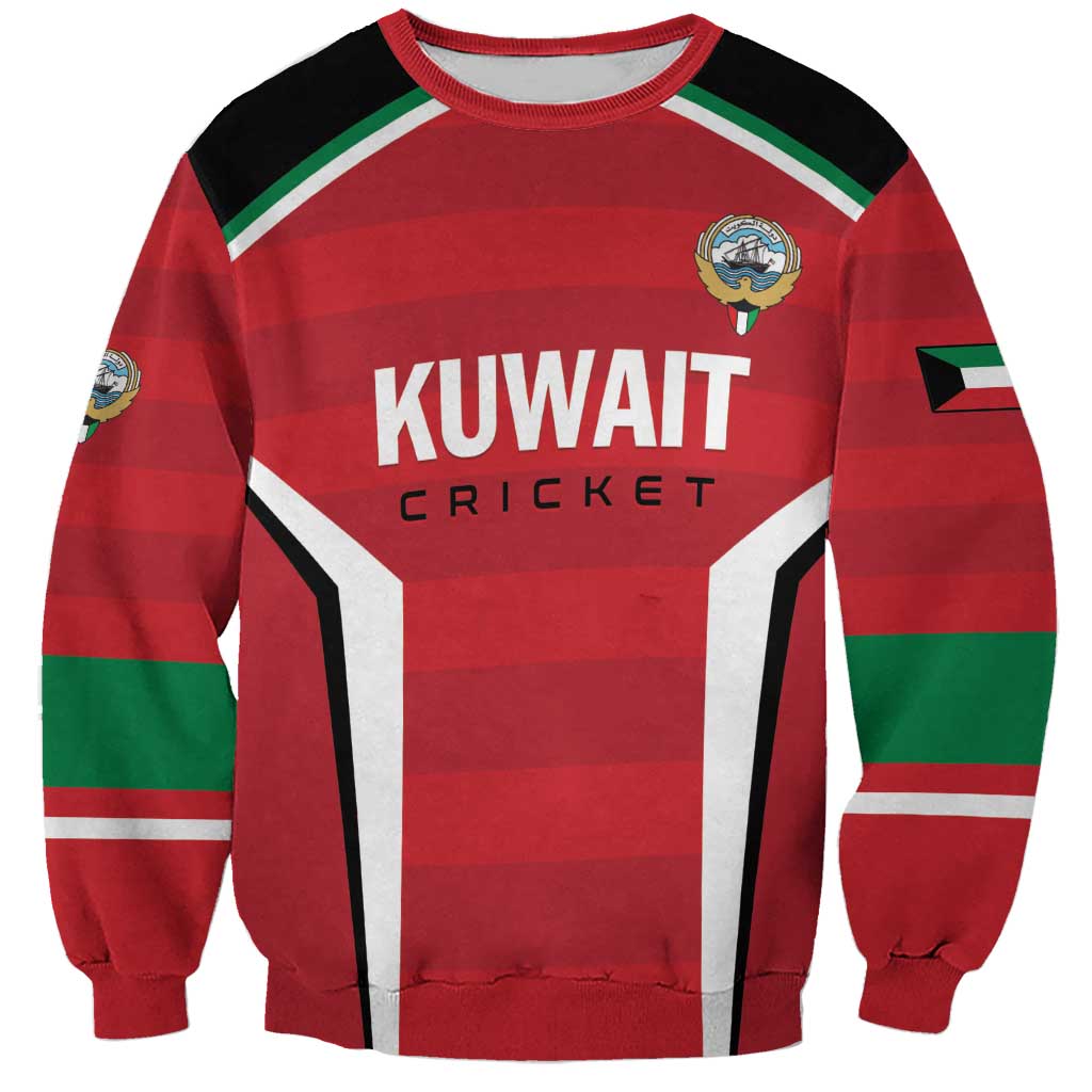 Red cricket sweatshirt with KUWAIT front logo, green trim and flag stripes