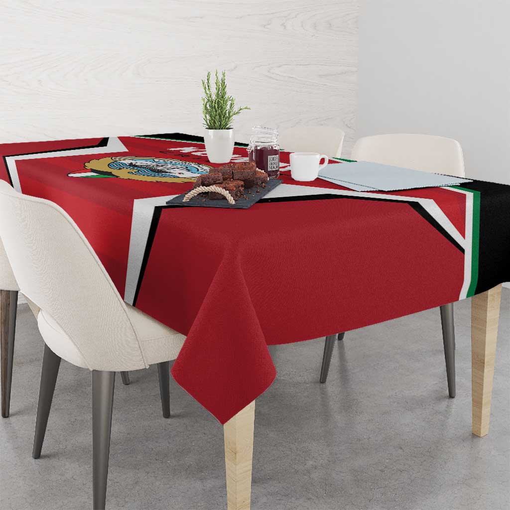 Red Kuwait Cricket tablecloth with crest logo and bold black-and-white geometric border