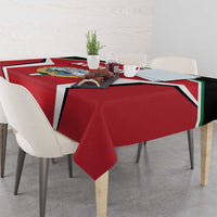 Red Kuwait Cricket tablecloth with crest logo and bold black-and-white geometric border