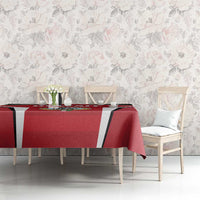 Red Kuwait Cricket tablecloth on table with crest graphic and black, white, green edging