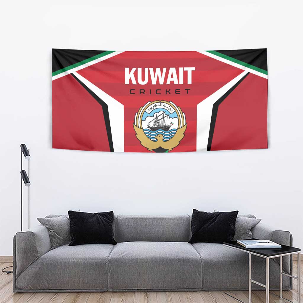 Kuwait Cricket tapestry with large crest and Kuwait Cricket lettering, rectangular hanging in red