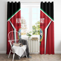 Window curtain panels with black top rings, red Kuwait cricket diamond design and crest