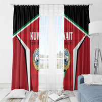 Window curtain with Kuwait cricket crest, red and black fabric, white sheer center panel