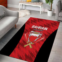 Red cricket team area rug with 'BAHRAIN CRICKET' text and lion emblem on black border.