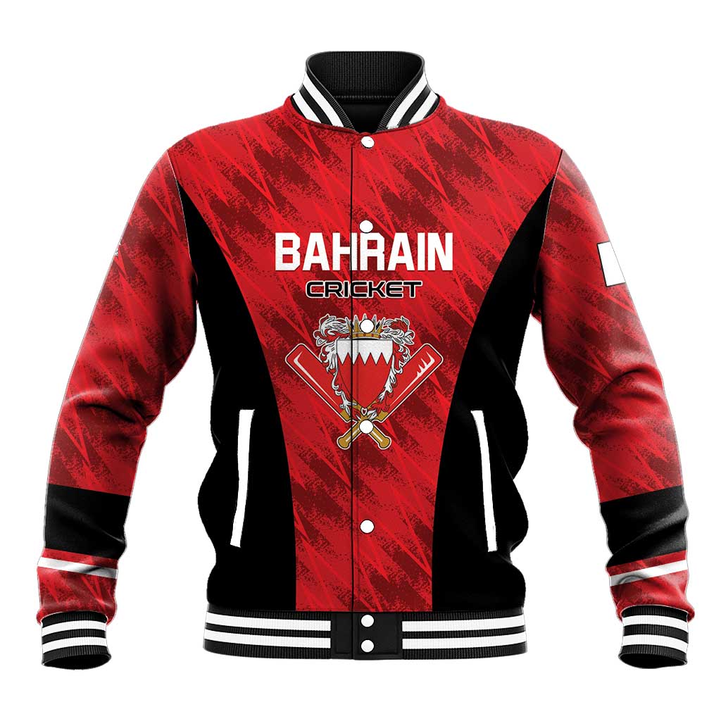 Red and black cricket baseball jacket with striped collar, snap front, Bahrain Cricket front logo