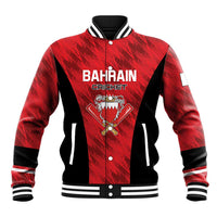 Red and black cricket baseball jacket with striped collar, snap front, Bahrain Cricket front logo