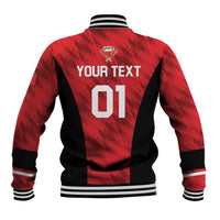 Red and black cricket baseball jacket, striped cuffs and hem, back print 'YOUR TEXT 01'