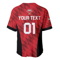 Red cricket jersey back, V-neck with black sleeves; YOUR TEXT 01 and top emblem
