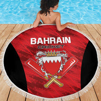 Round beach blanket with Bahrain Cricket crest, red center, black sides, white fringe