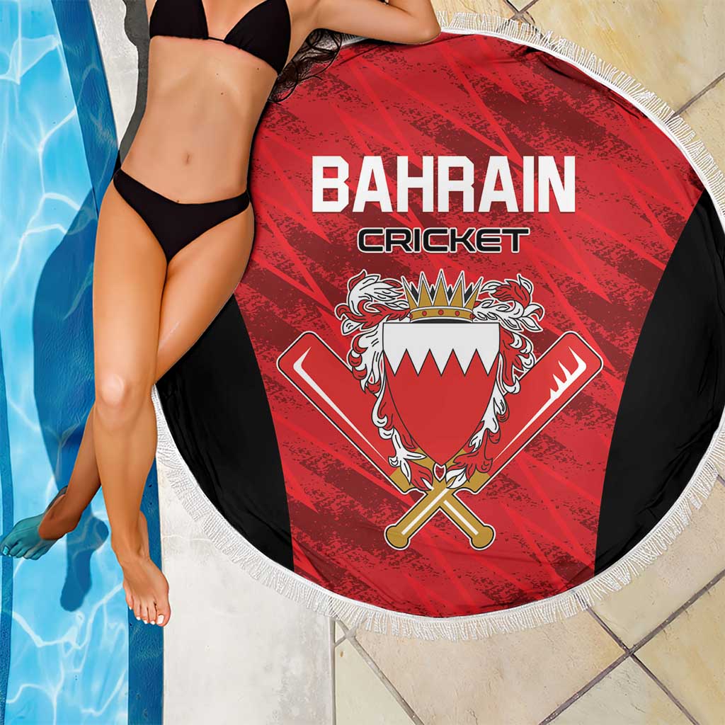 Round beach blanket with Bahrain Cricket text, red shield crest, black sides, white fringe