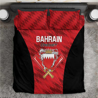 Cricket bedding set with red-and-black duvet and two pillows, Bahrain Cricket text front