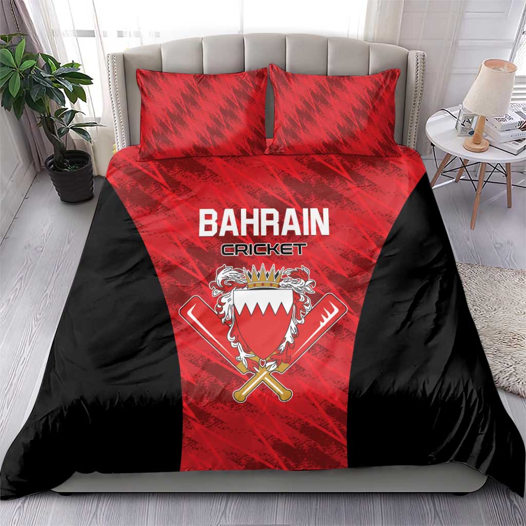 Cricket bedding set with red-and-black duvet and two pillows, Bahrain Cricket logo and crest