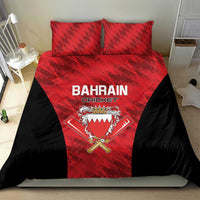 Cricket bedding set with red duvet and two red pillows, black border and Bahrain Cricket emblem