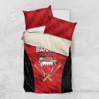 Cricket bedding set with red pillowcases and duvet, black sides, Bahrain Cricket crest graphic