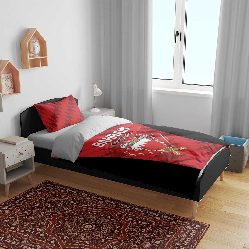 Cricket bedding set on bed with red-and-black duvet and pillows featuring Bahrain crest