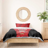 Cricket bedding set with red center panel on duvet and pillows, Bahrain text and emblem
