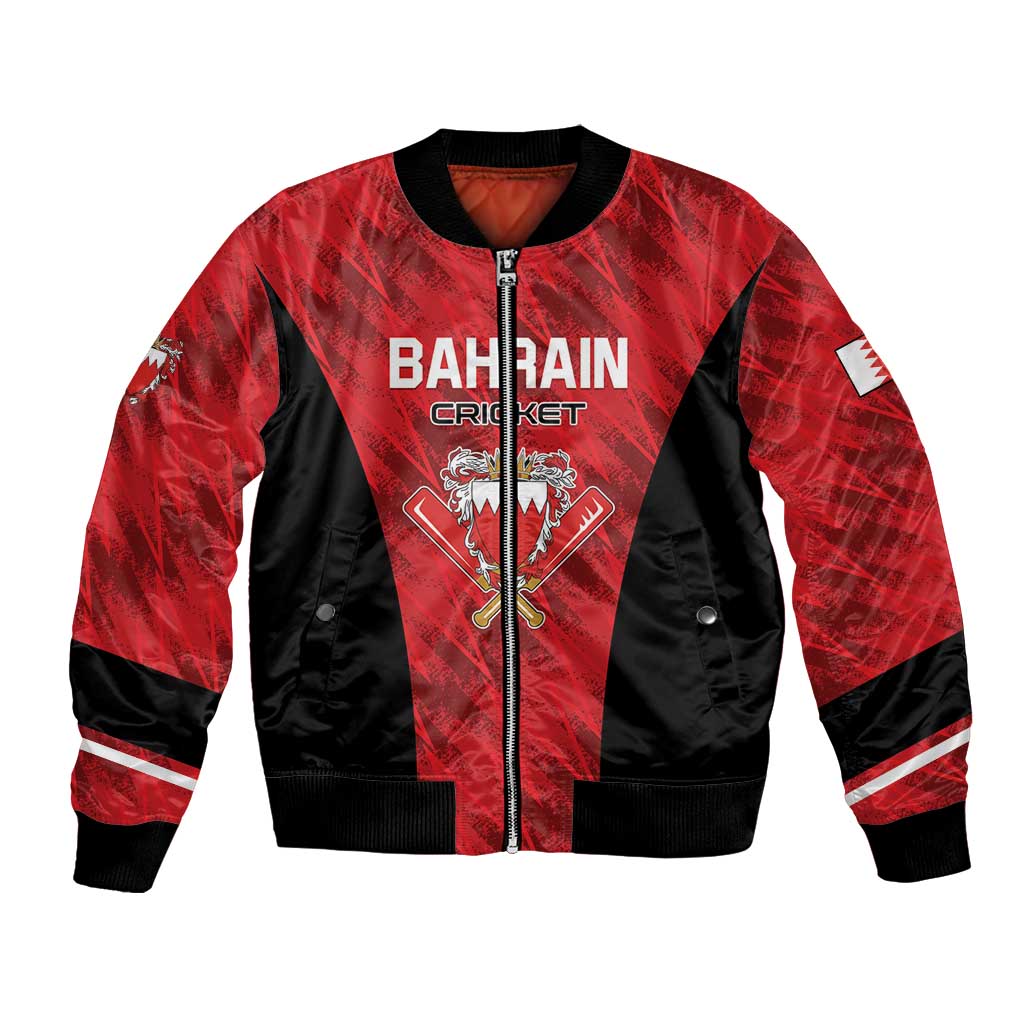 Red/black cricket bomber jacket, full-zip front, 'BAHRAIN CRICKET' graphic