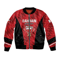 Red/black cricket bomber jacket, full-zip front, 'BAHRAIN CRICKET' graphic