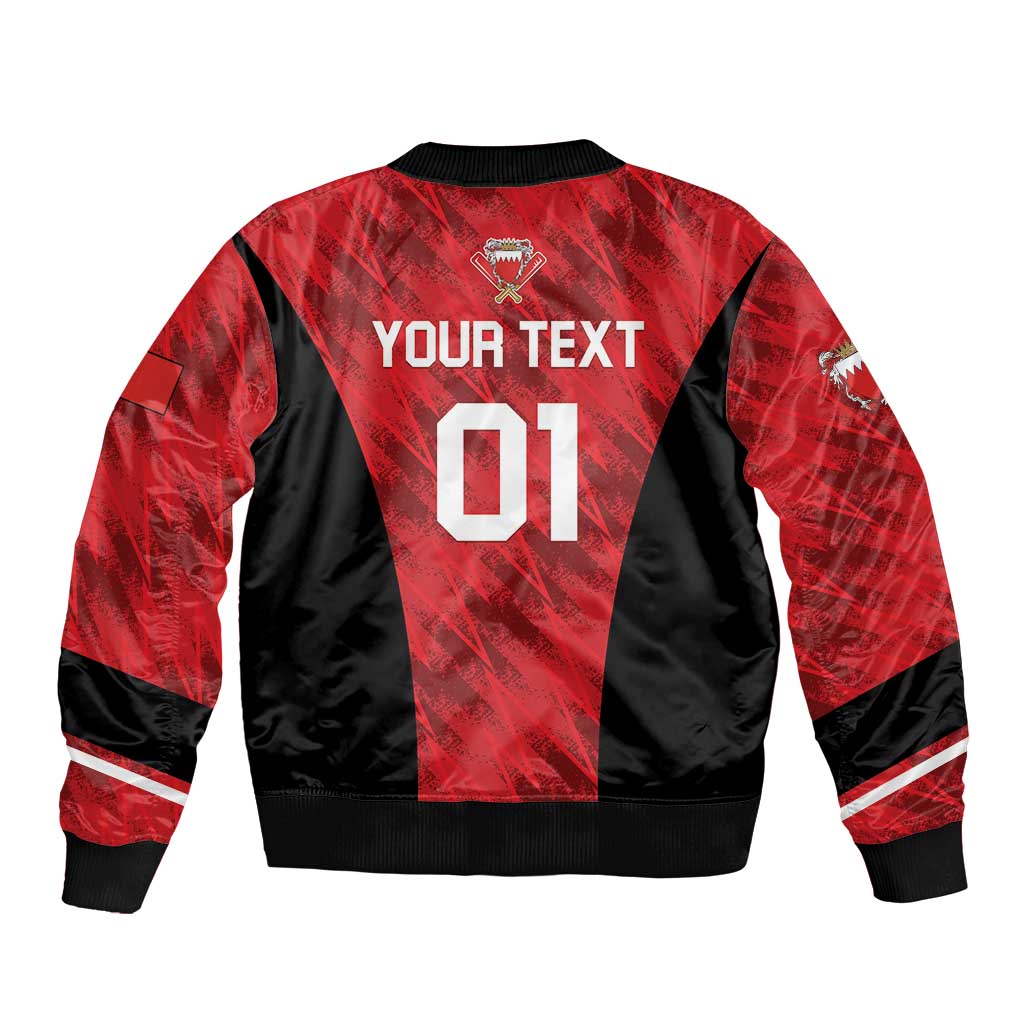 Red and black cricket bomber jacket, back view with 'YOUR TEXT' and '01' print