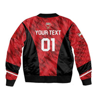 Red and black cricket bomber jacket, back view with 'YOUR TEXT' and '01' print