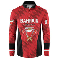 Red cricket button sweatshirt with black collar and sleeves, Bahrain Cricket logo on chest