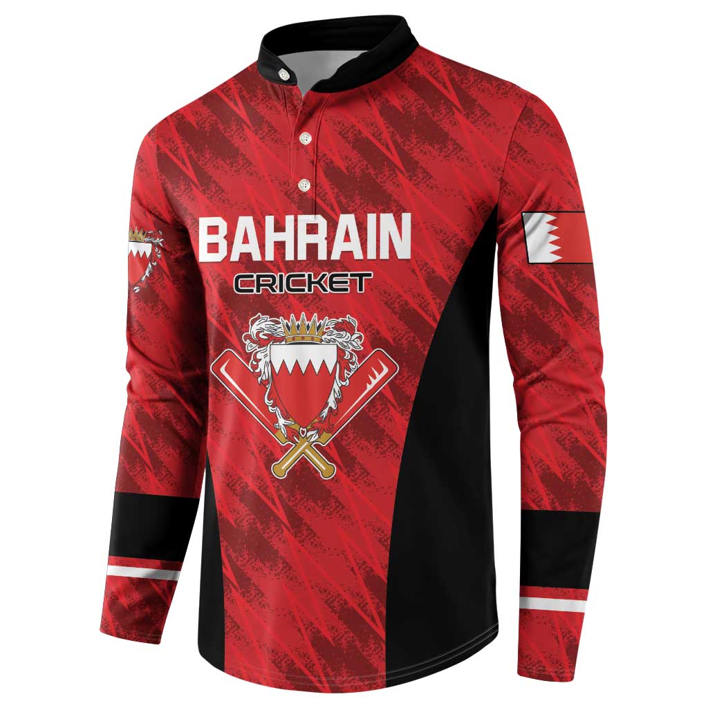 Red cricket button sweatshirt with Bahrain Cricket text, crest, and black side panels