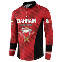 Red cricket button sweatshirt with Bahrain Cricket text, crest, and black side panels