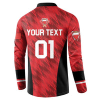 Back view red cricket button sweatshirt with YOUR TEXT and number 01, black side panels