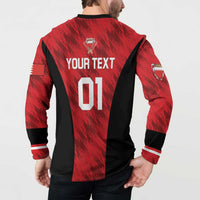 Back view red cricket button sweatshirt on model, YOUR TEXT 01, striped cuffs and collar