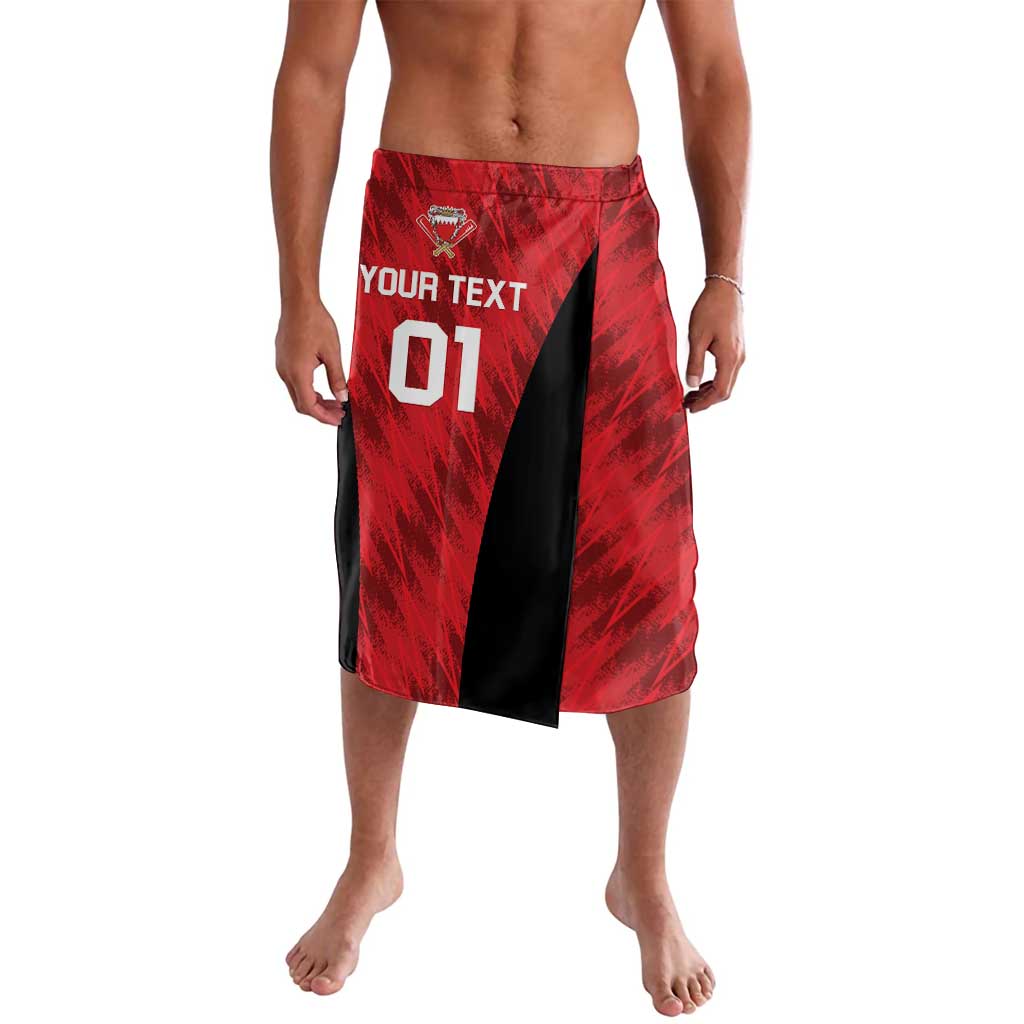 Red cricket lavalava shorts with black diagonal panel and 'YOUR TEXT 01' print