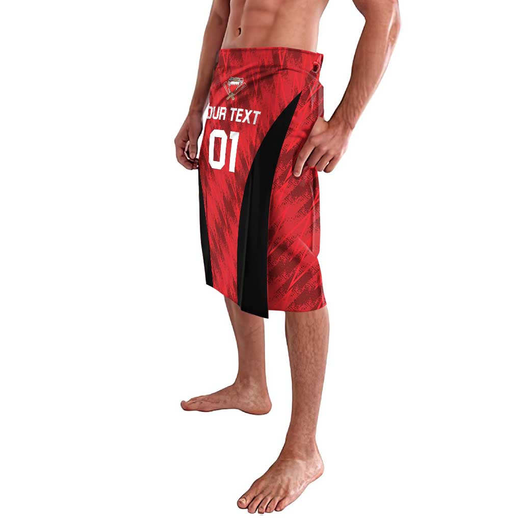 Red cricket lavalava shorts with black diagonal stripe and 'YOUR TEXT 01' front