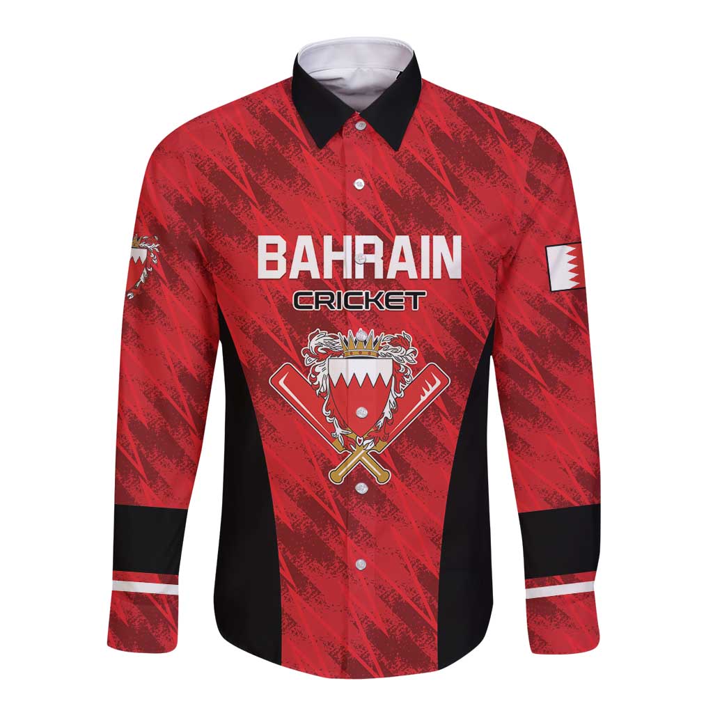 Red and black long-sleeve button cricket shirt with Bahrain crest and sponsor patch