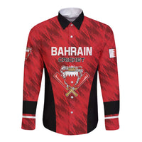 Red and black long-sleeve button cricket shirt with Bahrain crest and sponsor patch