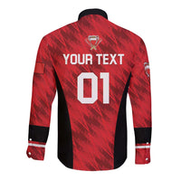 Red and black long-sleeve button cricket shirt back with 'YOUR TEXT' and number 01