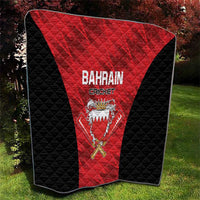 Bahrain cricket quilt draped outdoors, red triangular panel with 'BAHRAIN CRICKET' and crest