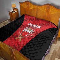 Bahrain cricket quilt on bed, red center with 'BAHRAIN CRICKET' and crossed-bat emblem