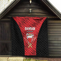 Bahrain cricket quilt hanging on porch, black quilted border with red team logo panel
