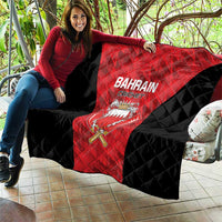 Bahrain cricket quilt draped on patio sofa, red center crest and 'BAHRAIN CRICKET'
